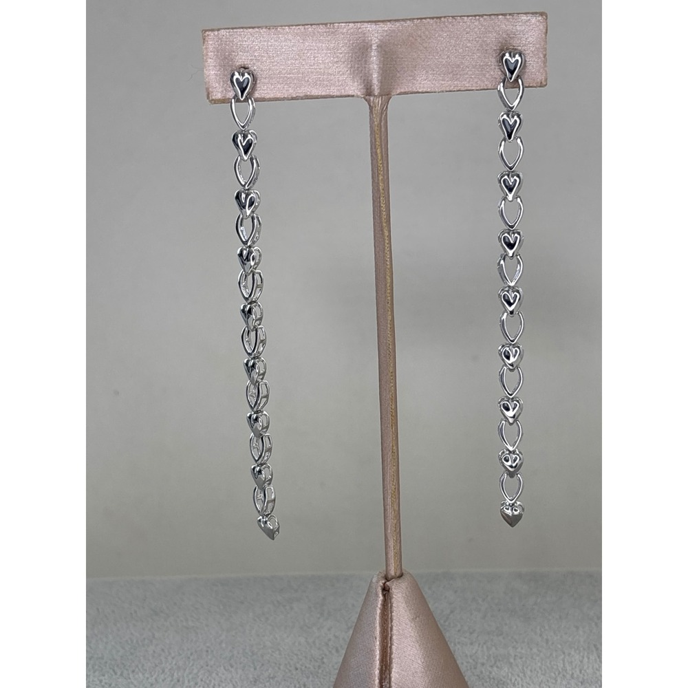 Silver Tone Long Heart Link Drop Earrings Linear Puffed Heart Dangle Post Back